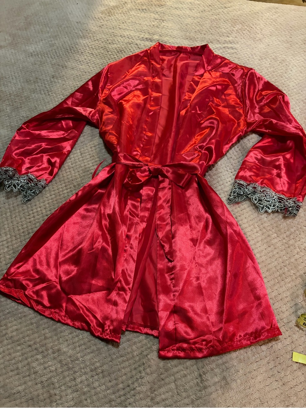 Silky Red Satin Robe with Lace Trim